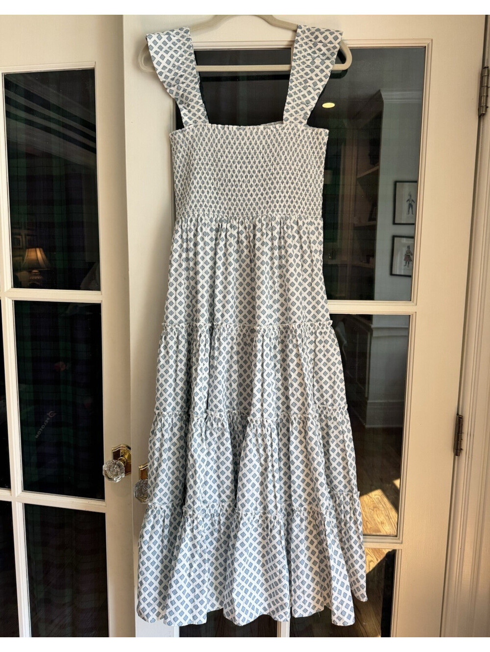 Krewe Du Q Blue White Geometric Smocked Tiered Square Neck Maxi Dress M/L [COPY]
